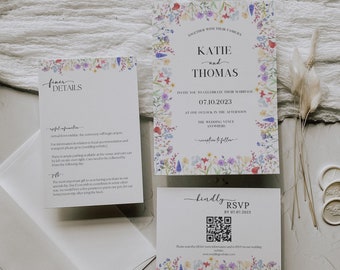 May include: A floral wedding invitation with a watercolor border of colorful flowers. The invitation includes the names Katie and Thomas, the date 07.10.2023, and the time 1 o'clock in the afternoon. The invitation also includes a QR code for RSVP.