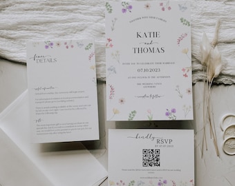 Invitación de boda con flores silvestres: Plantilla floral bohemia de Canva (descarga digital)