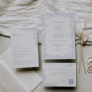 Dusty Blue Floral Wedding Invitation Set Template | Editable & Printable | Elegant Boho Wedding Invites | Instant Download | Free Canva Book