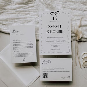 Elegante schwarze Bogen-Hochzeit einladen Vorlage | Wellenförmiges Design Briefpapier Set | Vintage-Band-Art-Einladung | Bearbeitbare Vorlagensammlung