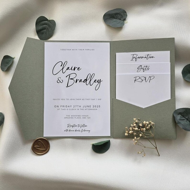 May include: A sage green wedding invitation with a white pocket for RSVP, gifts, and information cards. The invitation features the couple's names, "Claire & Bradley", and the wedding date, "Friday 27th June 2025".