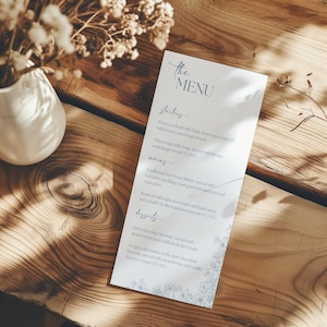 Plantilla de menú de boda con flores en azul polvoriento / Plantilla de menú de invitados personalizada para bodas / Plantilla de menú de boda elegante de estilo boho
