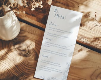 Plantilla de menú de boda floral azul polvoriento: Diseño bohemio elegante (descarga digital)