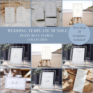 Dusty Blue Floral Wedding Template Bundle | Editable Elegant Boho Wedding Collection | Blue and White Floral Design Set