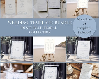 Plantillas florales para boda en azul polvoriento: diseños bohemios editables