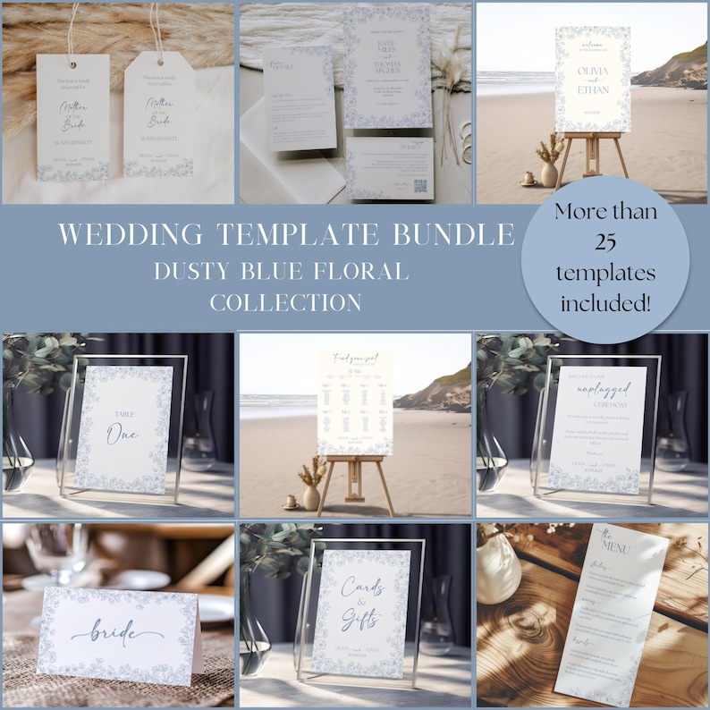 Dusty Blue Floral Wedding Template Bundle | Editable Elegant Boho Wedding Collection | Blue and White Floral Design Set