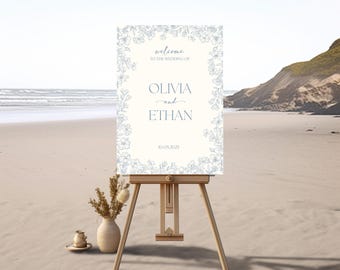Letrero de bienvenida floral azul polvoriento para boda: Plantilla bohemia elegante (descarga digital)
