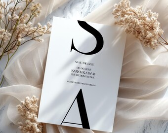 Plantilla elegante con monograma para guardar la fecha / Anuncio de boda personalizable / Descarga instantánea / Guía básica gratuita de Canva