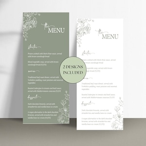 Saliegroen bruiloftsmenusjabloon | Botanische gepersonaliseerde gastenmenusjabloon voor bruiloften | Groen trouwmenu in bloemenstijl | Canva-gids