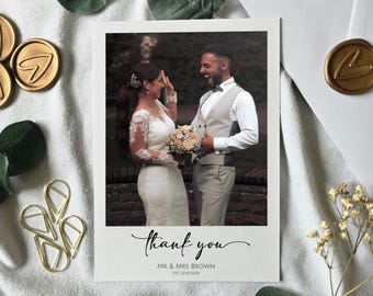 Plantilla moderna de tarjeta de agradecimiento con foto para boda (descarga instantánea)