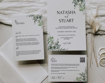 May include: A wedding invitation suite with a green and white floral design. The invitation features the names "Natasha and Stuart" and the date "Saturday 10th May 2025". The RSVP card includes a QR code and the text "Please RSVP by 16th February".