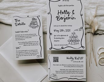 Plantilla de invitación de boda dibujada a mano: editable e imprimible (descarga instantánea)