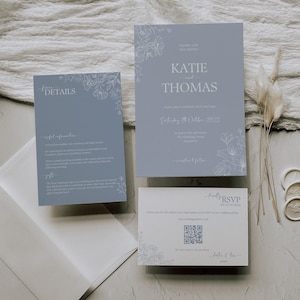 Dusty Blue Floral Wedding Invitation Set: Elegant Template (Instant Download)