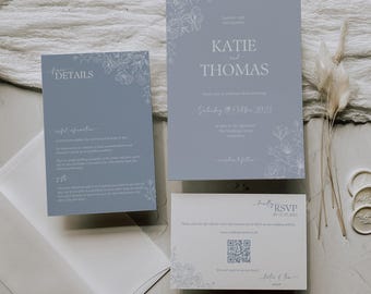 Invitación de boda floral azul polvoriento: Plantilla elegante (descarga instantánea)