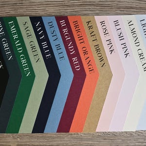 May include: A selection of paper samples in various colors, including light grey, almond cream, blush pink, rose pink, kraft brown, bright orange, burgundy red, dusty blue, navy blue, sage green, emerald green, pine green, and matte black.