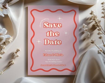 Plantilla de invitación de boda con ondas retro: Anuncio colorido y editable (descarga digital)