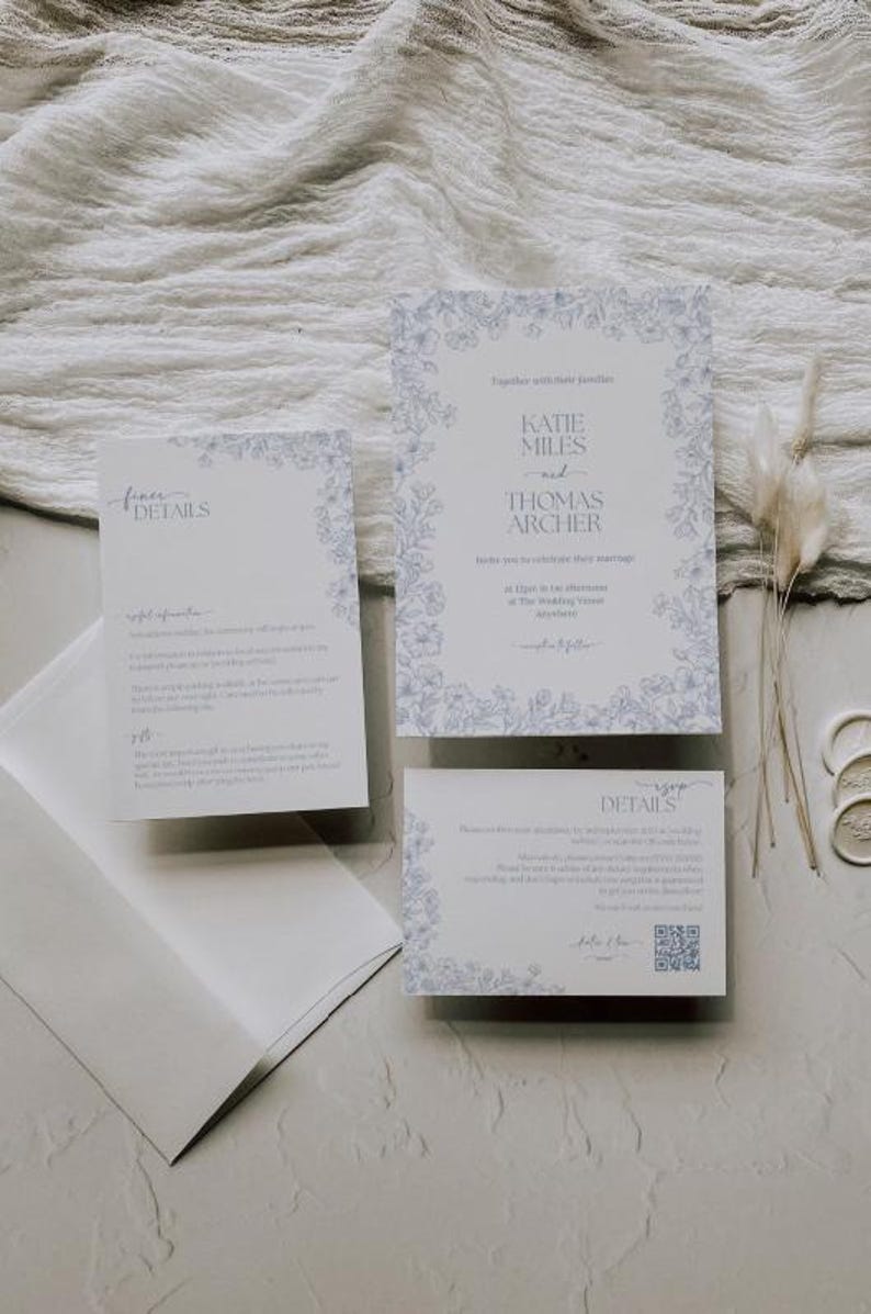 Sophisticated Dusty Blue Floral Wedding Suite | Editable Invitation Set | Boho Wedding Printables | Instant Download
