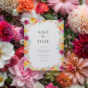 Modèle "Retenez cette date" pour mariage floral vibrant | Fleur colorée "Retenez cette date" modèle | Modèle Faire-Part De Mariage Rose Orange Jaune