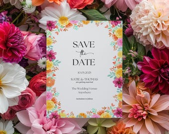 Floral Wedding Save the Date Template: Pink Orange Yellow (Digital Download)