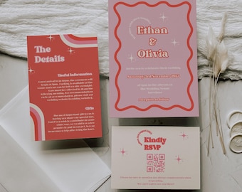 Retro Wedding Invitation Template: Colorful Vintage Design (Digital Download)