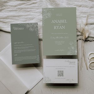 Salbei Grün Blumen Hochzeitseinladung Vorlage | Botanisches Hochzeitseinladungs-Set | Druckbar einladen Set | Sofortdownload | Canva Anleitung