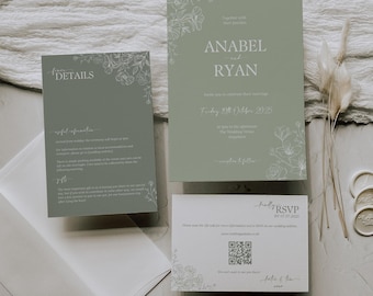 Invitaciones de boda florales en verde salvia (descarga digital)