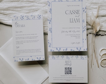 Invitación de boda floral azul polvoriento: Plantilla bohemia editable (descarga instantánea)