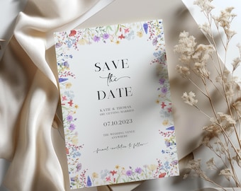 Plantilla de invitación para boda con flores silvestres: Anuncio floral bohemio (Canva editable, descarga instantánea)