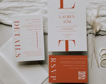 Invitaciones de boda otoñales en tonos naranja quemado: Terracota editable (descarga instantánea)
