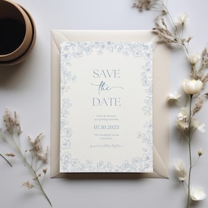 Mariage floral bleu poussiéreux, réservez la date modèle - faire-part de mariage bohème imprimable modifiable - téléchargement immédiat - invitation DIY - Canva