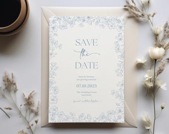 Dusty Blue Blumen Hochzeit Save the Date Vorlage (Canva bearbeitbar, Sofort Download)