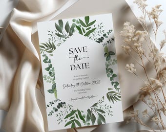 Plantilla rústica para guardar la fecha de boda con vegetación: Diseño de eucalipto (Diseño editable en Canva)