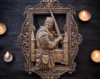 Warrior Knight Wood Carved Picture Medieval Knight Wall Art Vintage Painting Wooden Carved Artwork Victorian Knight Wall Art Renaissance Art