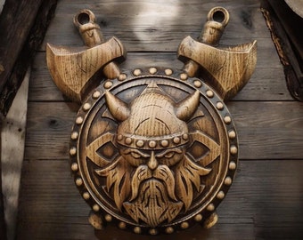 Berserk Wall Panel Berserk Wood Art Pagan Altar Norse Mythology Celtic Wood Carving Viking Decor Wood Sculpture Wooden Viking Shield Berded