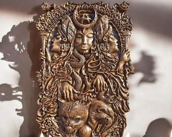 Hecate Greek Goddess Wall Art Hecate Statue Greek Mythology Art Wood Carving Panel Wooden Picture Hekate Hecate Sign Pagan Home Altar Hecate