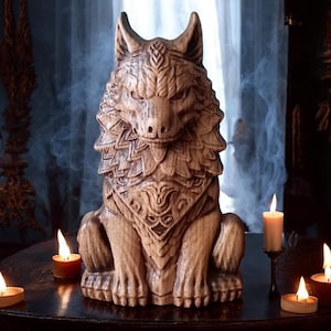 Könnte beinhalten: Eine Holzskulptur eines Wolfes mit aufwendigen Schnitzereien, die auf einem Tisch mit brennenden Kerzen steht. Der Wolf ist eine mythische Kreatur mit einem wilden Ausdruck und detailliertem Fell.