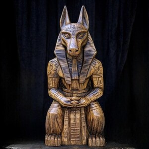 K&ouml;nnte beinhalten: Eine Holzstatue von Anubis, dem &auml;gyptischen Gott des Todes, mit einem Schakal-Kopf und einem menschlichen K&ouml;rper. Die Statue ist mit komplizierten Details geschnitzt und in einer dunkelbraunen Farbe bemalt.