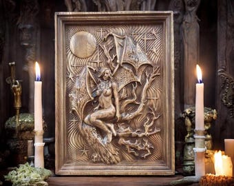 Lilith Hexe Wand Kunst Holz Plakette Zeichen Hexerei Wand Kunst Lilith aus Holz geschnitzt Inanna Pagan Heidentum Göttin Altar Skulptur Ishtar Wicca