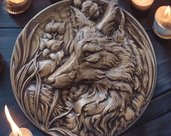 Fox Wooden Picture Japanese Fox Kitsune Fox Fire Fox Fox Wall Decor Wooden Fox Kitsune Wall Art Mythical Creatures Japanese Mythology Plaque