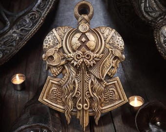 Wood Thor Wall Art Viking Mythology Thor Hammer Norse Art Wood Picture Pagan Carving Elder Futhark Heathen Viking Sculpture Asatru Celtic