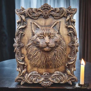 Katze Viktorianisches Holz Bild Gothic Katze Dekor Viktorianische Kunst Witchy Dekor Katze Viktorianisches Portrait Vintage Stil Tier Wandkunst Schnitzerei Katze