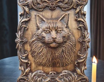Cat Victorian Wood Picture Gothic Cat Decor Victorian Art Witchy Decor Cat Victorian Portrait Vintage Style Animal Wall Art Carving Cat