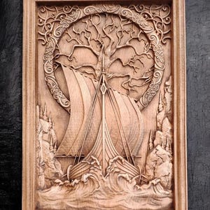 Barco vikingo Drakkar, decoración del hogar, imagen nórdica de madera, dioses paganos, tallado, Asatru pagano, celta, nórdico, colgante de pared, barco vikingo, arte del árbol de la vida