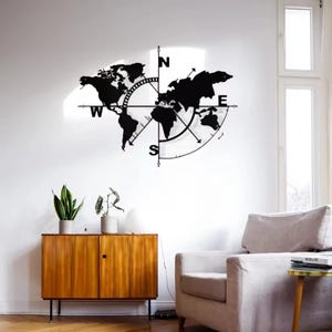 Brújula de mapamundi de metal: elegante decoración de pared, arte moderno de mapamundi de metal