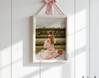 A4 Wooden Frame Mockup: Pink Velvet Bow, Light Wood, Coquette Style | PSD & JPG
