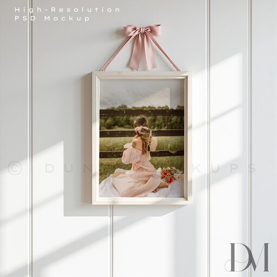 A4 Wooden Frame Mockup: Pink Velvet Bow, Light Wood, Coquette Style | PSD & JPG