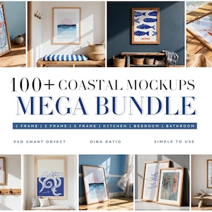 May include: A collection of framed art prints with coastal themes, including images of fish, beach scenes, and nautical phrases. The frames are light-colored wood, and the prints feature blue, white, and red color schemes. Text on the image reads "100+ COASTAL MOCKUPS MEGA BUNDLE".