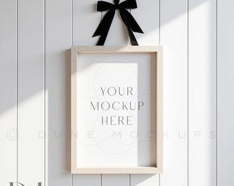 DIN A Light Wooden Frame Mockup: A4 Cottage Coquette Black Velvet Bow | PSD & JPG