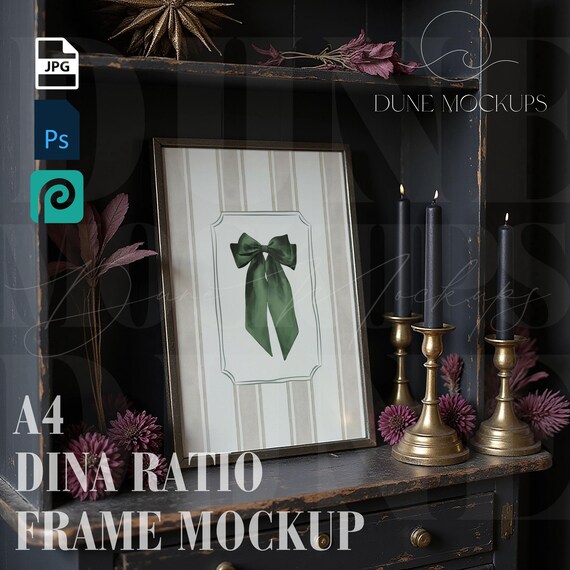 DINA Ratio Frame Mockup Goth | Dark Vintage Hutch with Candles | PSD + JPEG