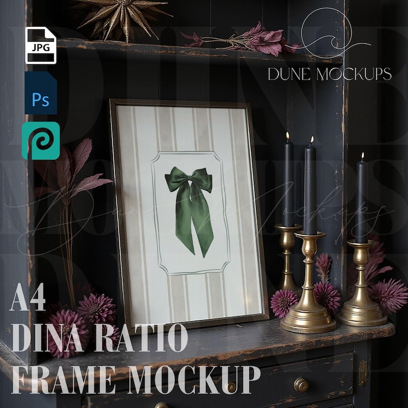 DINA Ratio Frame Mockup Goth / Credenza vintage scura con candele / PSD + JPEG immagine 1